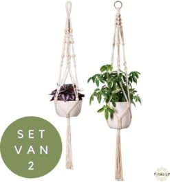 Plantenhanger - Plantenhanger Macrame - Set Van 2 - Wit - Knopen - Luxe Gevlochten Touw - Met Ophang Haken - Fienosa -Gardena Verkoopwinkel 1118x1200 3