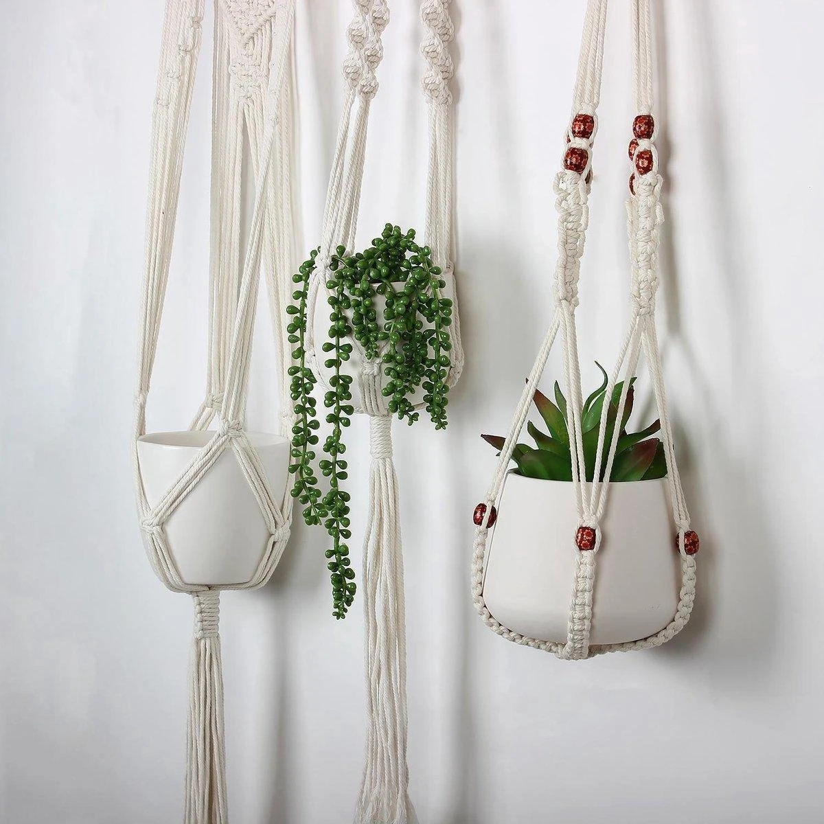 4 Stuks Plantenhangers - Boho Handgeweven Katoen Hangpot Voor Binnen/Buiten - Bloempot Met Kralen - Macramé Touw/Koord Hangplant Houder - Bohemian Wandhanger Decoratie - Verticale Tuin Plant Hanger Bloempothouder Planthanger Wit 6 4 Stuks Plantenhangers - Boho Handgeweven Katoen Hangpot Voor Binnen/Buiten - Bloempot Met Kralen - Macramé Touw/Koord Hangplant Houder - Bohemian Wandhanger Decoratie - Verticale Tuin Plant Hanger Bloempothouder Planthanger Wit - Afbeelding 4