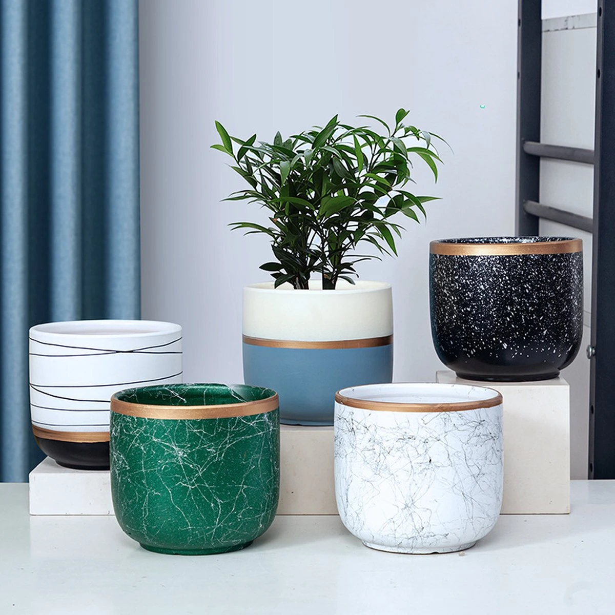 Bloempotten Binnen - Keramiek - Gouden Rand - Bloempot Buiten - Afvoergat 24 Cm - Wit Zwart – Groot 3 Bloempotten Binnen - Keramiek - Gouden Rand - Bloempot Buiten - Afvoergat 24 Cm - Wit Zwart – Groot