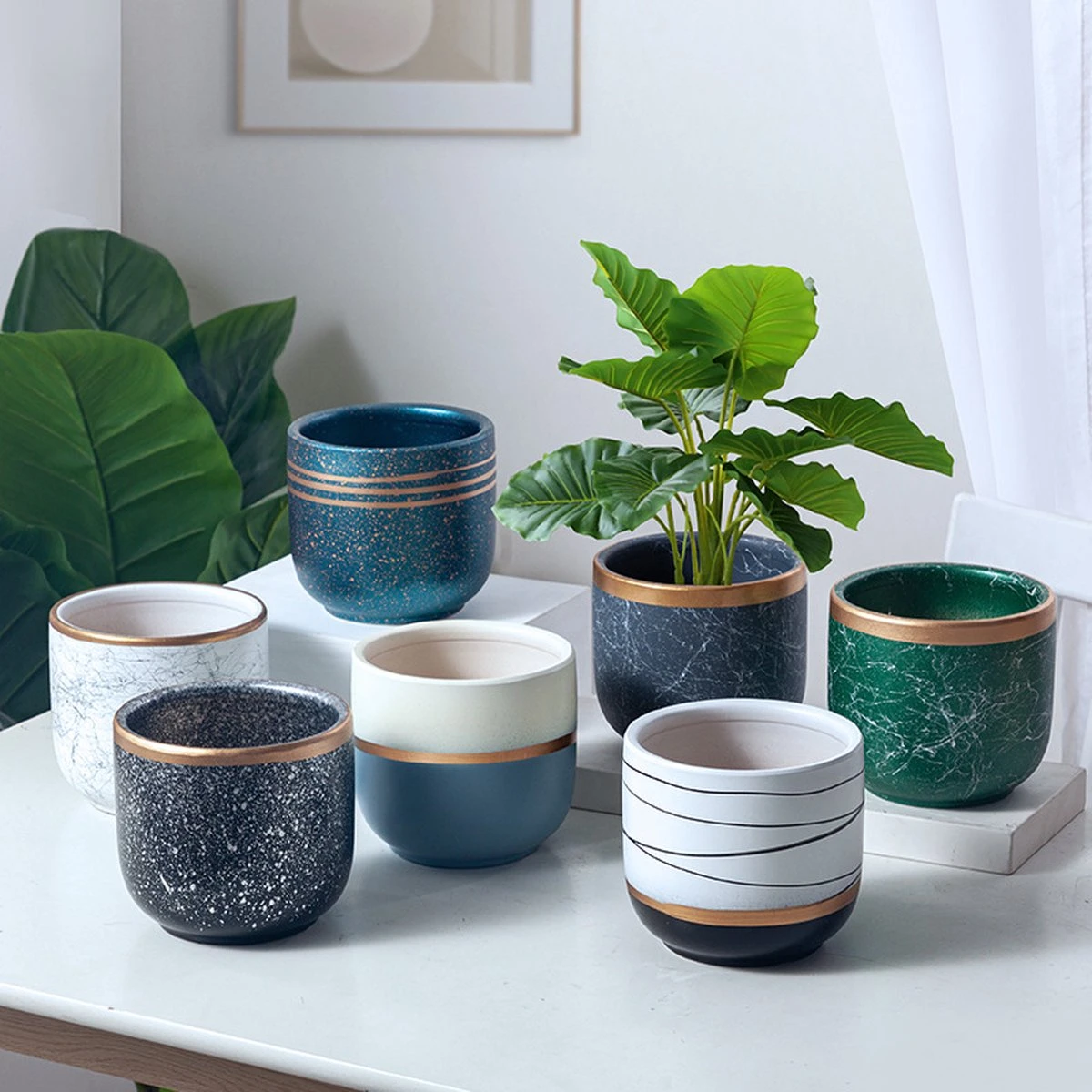 Bloempotten Binnen - Keramiek - Gouden Rand - Bloempot Buiten - Afvoergat 24 Cm - Wit Zwart – Groot 6 Bloempotten Binnen - Keramiek - Gouden Rand - Bloempot Buiten - Afvoergat 24 Cm - Wit Zwart – Groot - Afbeelding 4