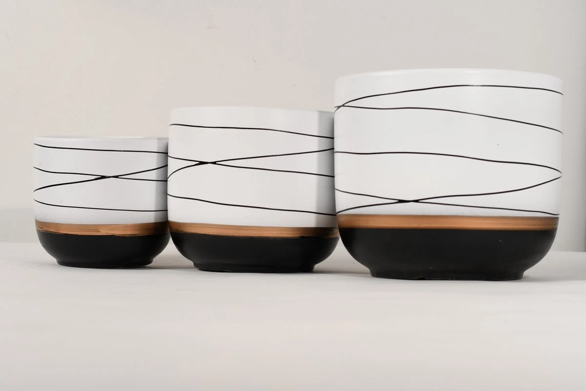 Bloempotten Binnen - Keramiek - Gouden Rand - Bloempot Buiten - Afvoergat 24 Cm - Wit Zwart – Groot 7 Bloempotten Binnen - Keramiek - Gouden Rand - Bloempot Buiten - Afvoergat 24 Cm - Wit Zwart – Groot - Afbeelding 5