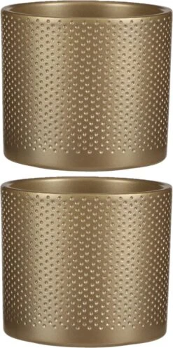 2x Stuks Bloempot In Kleur Relief Goud Keramiek Voor Kamerplant H12.5 X D13.5 Cm- Plantenpotten Binnen