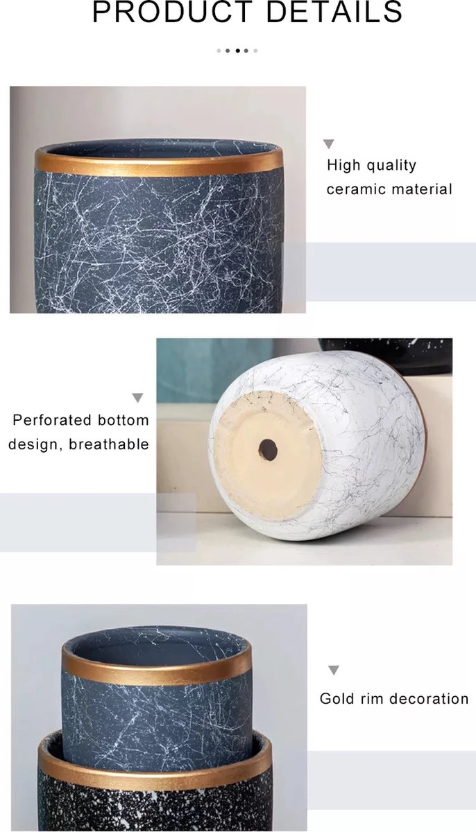 Bloempotten Binnen - Keramiek - Gouden Rand - Bloempot Buiten - Afvoergat 24 Cm - Wit Zwart – Groot 5 Bloempotten Binnen - Keramiek - Gouden Rand - Bloempot Buiten - Afvoergat 24 Cm - Wit Zwart – Groot - Afbeelding 3