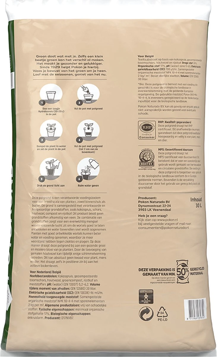 Pokon Bio Turfvrije Potgrond - 30l - Voor Binnen En Buiten - 100 Dagen Voeding - Potgrond Universeel 5 Pokon Bio Turfvrije Potgrond - 30l - Voor Binnen En Buiten - 100 Dagen Voeding - Potgrond Universeel - Afbeelding 3