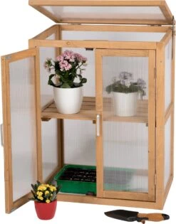 Needs&wants® Mini Serre Compact Winterbestendig - Koude Kas Met Houten Frame Voor Balkon Tuin Binnen - Verhoogd Bed - Draagbare Tuinserre Broeikas - 58x43x76 Cm - Polycarbonaat